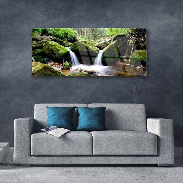 Tablou pe sticla Cascada Rocks Natura Verde Alb Gri