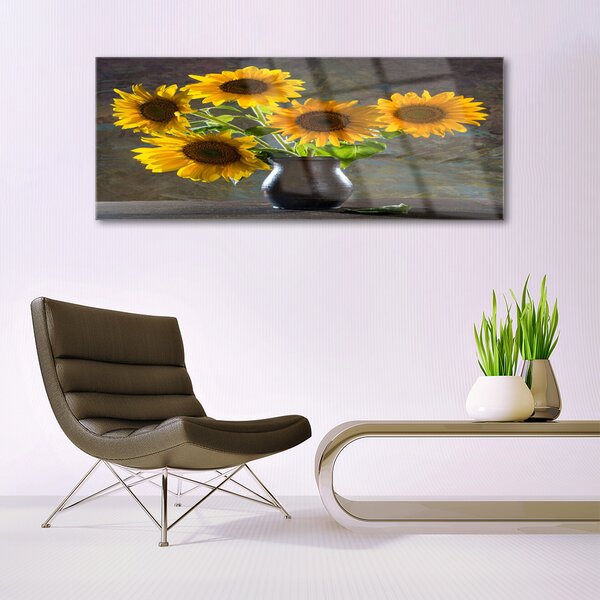 Tablou pe sticla Floarea-soarelui de flori Vaze Floral Galben Gri