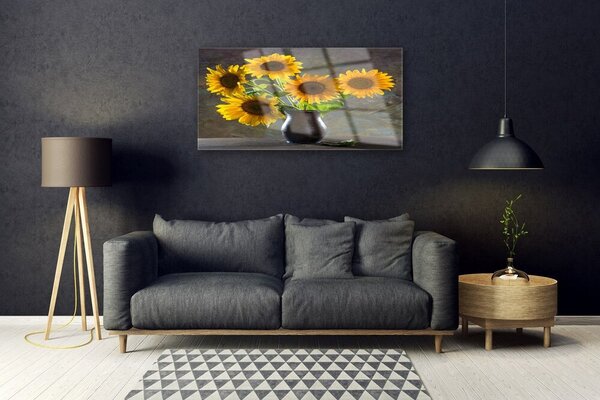 Tablou pe sticla Floarea-soarelui de flori Vaze Floral Galben Gri