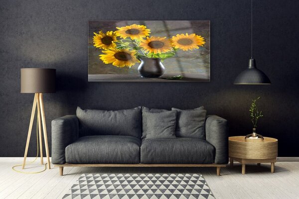 Tablou pe sticla Floarea-soarelui de flori Vaze Floral Galben Gri