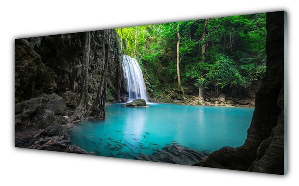 Tablou pe sticla Lacul Cascada Natura Gri Albastru Verde