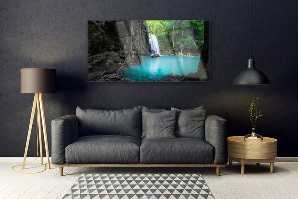 Tablou pe sticla Lacul Cascada Natura Gri Albastru Verde