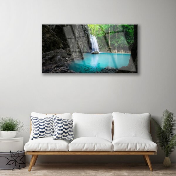 Tablou pe sticla Lacul Cascada Natura Gri Albastru Verde