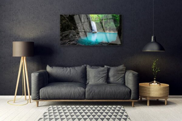 Tablou pe sticla Lacul Cascada Natura Gri Albastru Verde