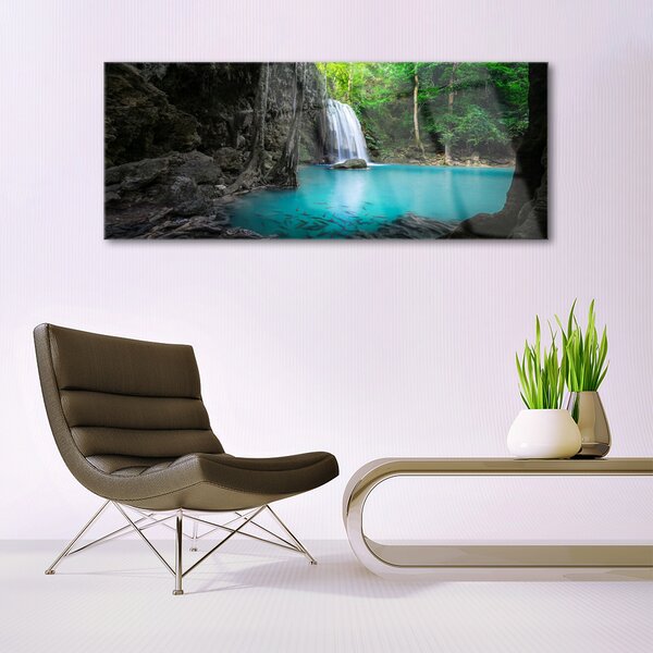 Tablou pe sticla Lacul Cascada Natura Gri Albastru Verde