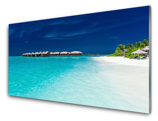 Panou sticla bucatarie Sea Beach Peisaj Albastru Alb