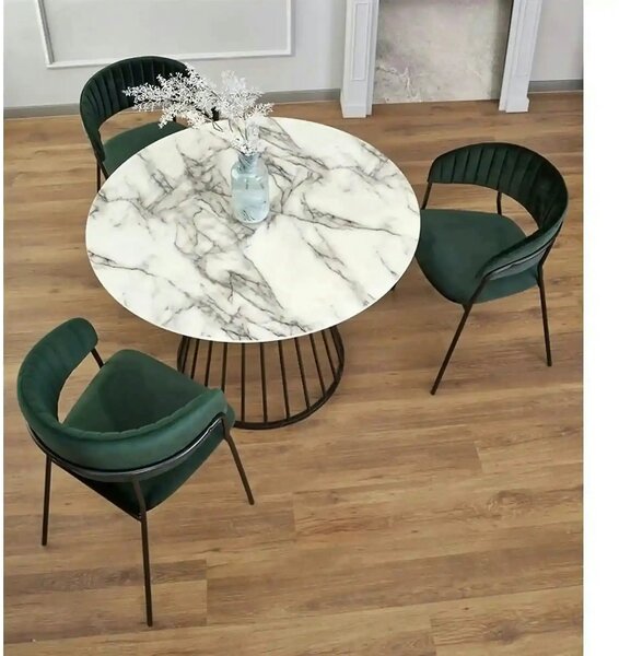 Masa rotunda sufragerie BRODWAY, alb cu efect de marmura, 110x110x75 c