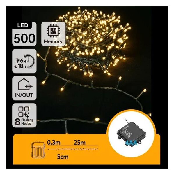 Aigostar - Ghirlandă luminoasă LED pentru exterior, 500 LED-uri, 8 funcții, 4xAA, 25,3 m, alb cald