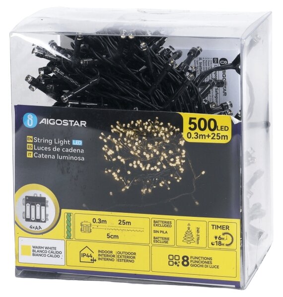 Aigostar - Ghirlandă luminoasă LED pentru exterior, 500 LED-uri, 8 funcții, 4xAA, 25,3 m, alb cald