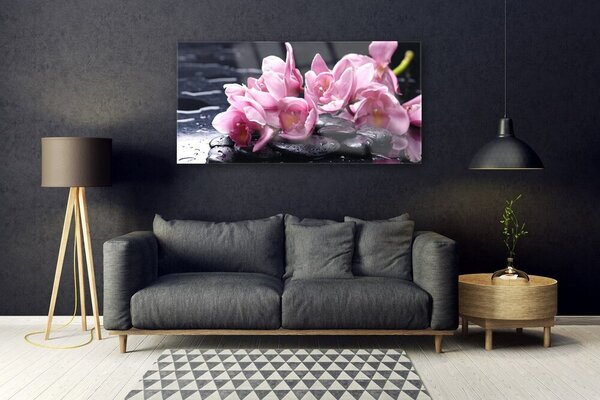 Tablou pe sticla Pietrele florale flori roz negru