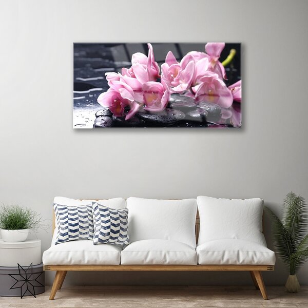 Tablou pe sticla Pietrele florale flori roz negru