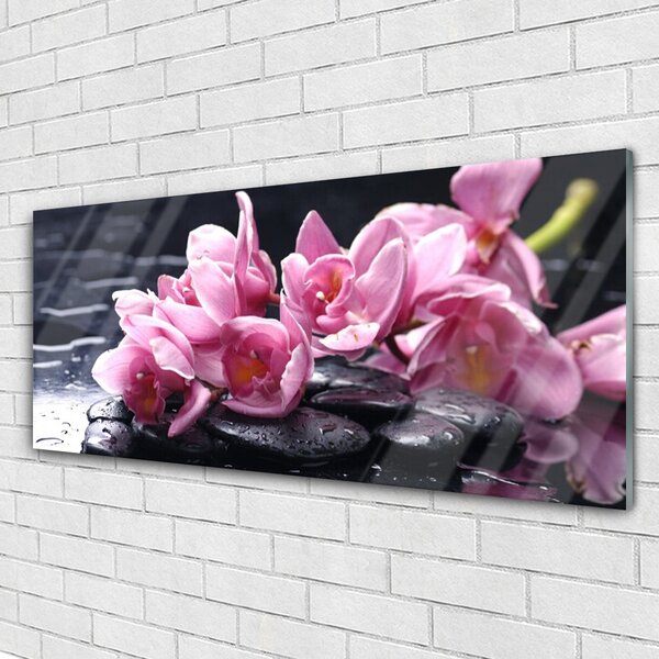 Tablou pe sticla Pietrele florale flori roz negru