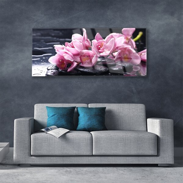 Tablou pe sticla Pietrele florale flori roz negru