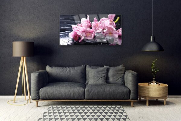 Tablou pe sticla Pietrele florale flori roz negru