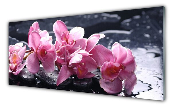 Tablou pe sticla Pietrele florale flori roz negru