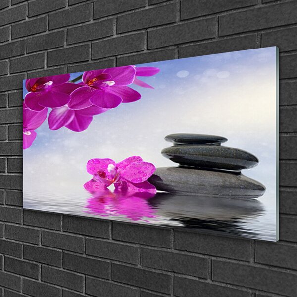 Tablou pe sticla Pietrele florale flori roz gri