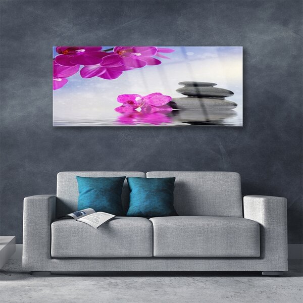 Tablou pe sticla Pietrele florale flori roz gri