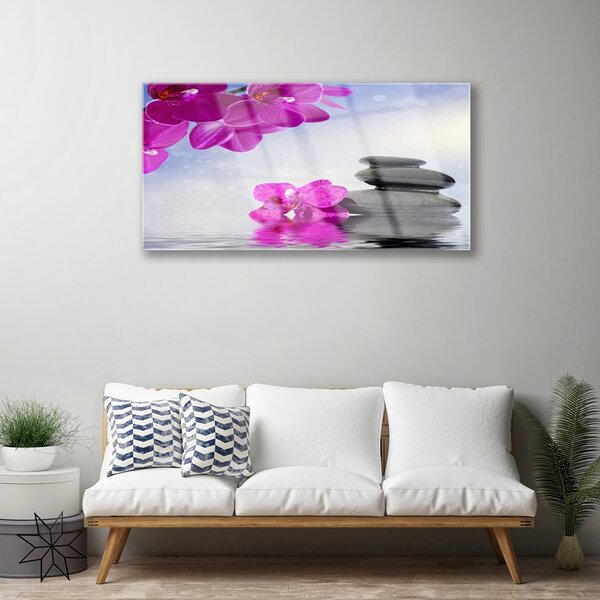 Tablou pe sticla Pietrele florale flori roz gri