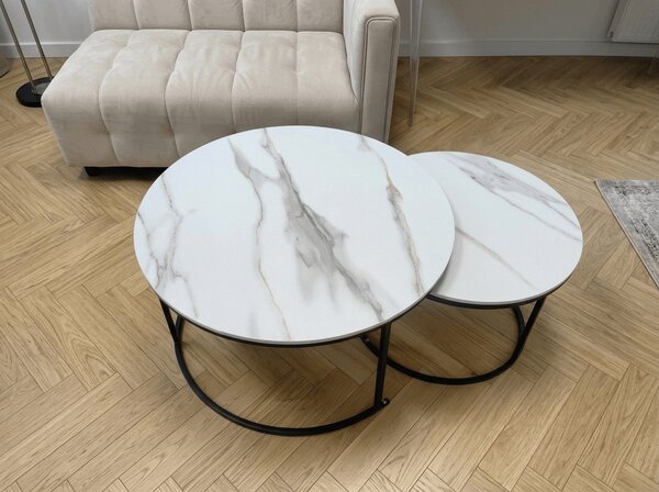 Set 2 mese de cafea rotunde MARBLEX, negru/marmura alba