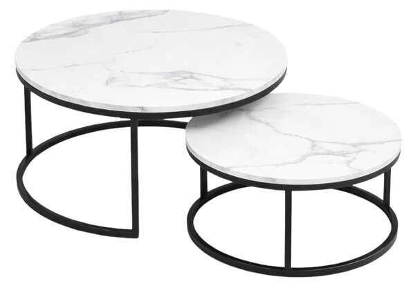 Set 2 mese de cafea rotunde MARBLEX, negru/marmura alba