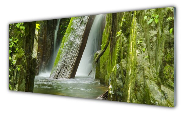 Tablou pe sticla Cascada Natura Verde Gri Alb