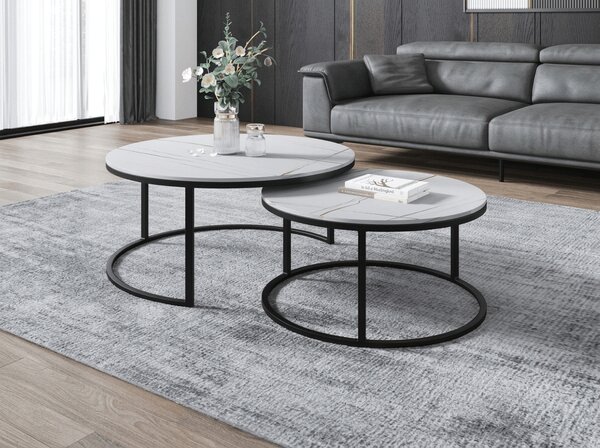Set 2 mese de cafea rotunde MARBLEX, negru/marmura alba