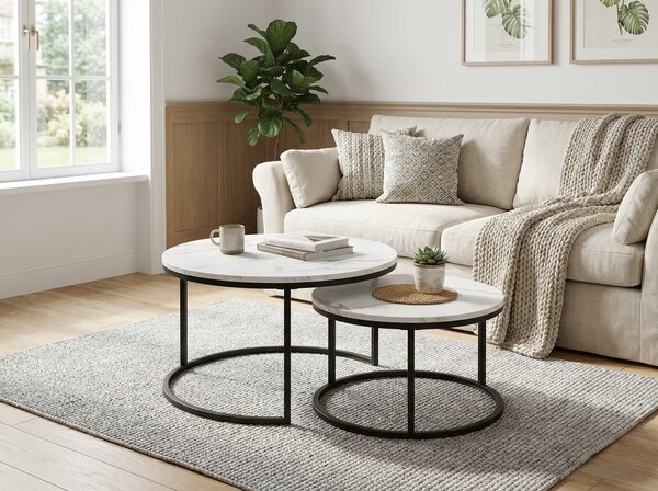 Set 2 mese de cafea rotunde MARBLEX, negru/marmura alba