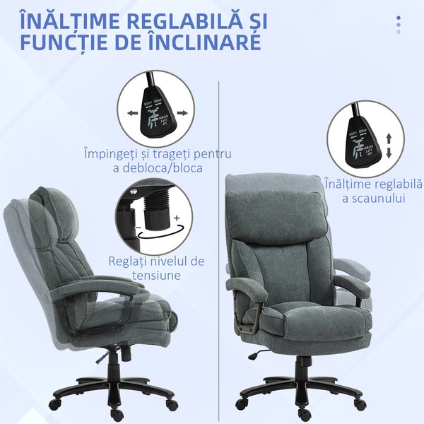 HOMCOM Scaun de Birou cu Spătar Înalt și Înălțime Reglabilă, 68,5x79x117-125 cm, Gri | Aosom Romania