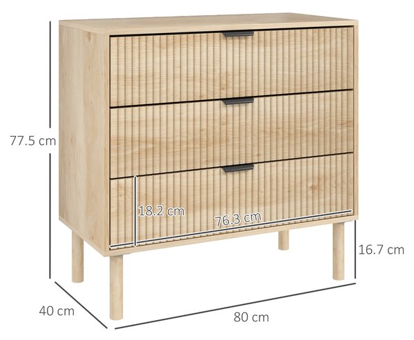 HOMCOM Comodă cu 3 Sertare, Picioare din Lemn Masiv și Design Canelat, 80x40x77,5 cm, Lemn Natural | Aosom Romania