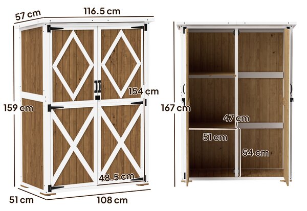 Outsunny Căsuță de Grădină cu 2 Rafturi, 2 Uși cu Încuietoare și Picioare Reglabile, 116.5x57x159/167 cm, Maro și Alb | Aosom Romania