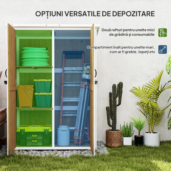 Outsunny Căsuță de Grădină cu 2 Rafturi, 2 Uși cu Încuietoare și Picioare Reglabile, 116.5x57x159/167 cm, Maro și Alb | Aosom Romania