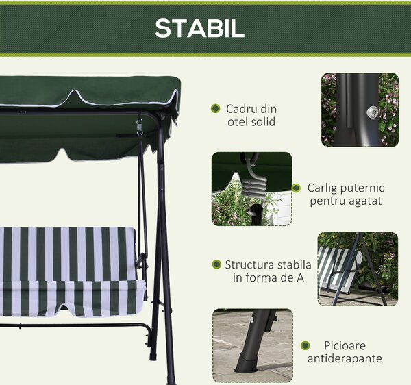 Outsunny Leagăn de Grădină cu 3 Locuri și Parasolar Basculant, 172×110×153 cm, Verde | Aosom Romania