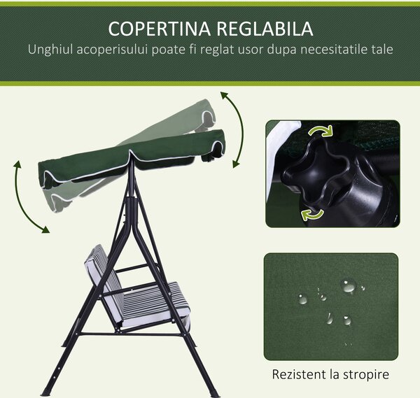 Outsunny Leagăn de Grădină cu 3 Locuri și Parasolar Basculant, 172×110×153 cm, Verde | Aosom Romania
