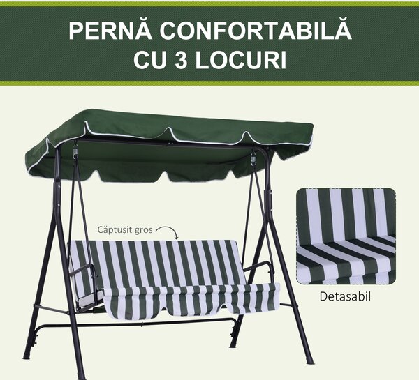 Outsunny Leagăn de Grădină cu 3 Locuri și Parasolar Basculant, 172×110×153 cm, Verde | Aosom Romania