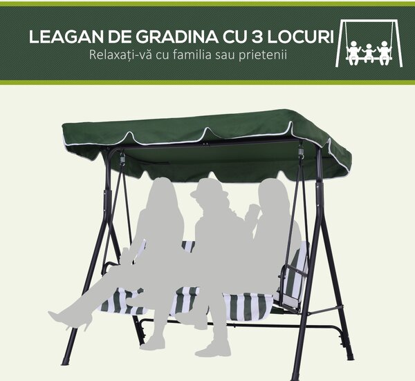 Outsunny Leagăn de Grădină cu 3 Locuri și Parasolar Basculant, 172×110×153 cm, Verde | Aosom Romania