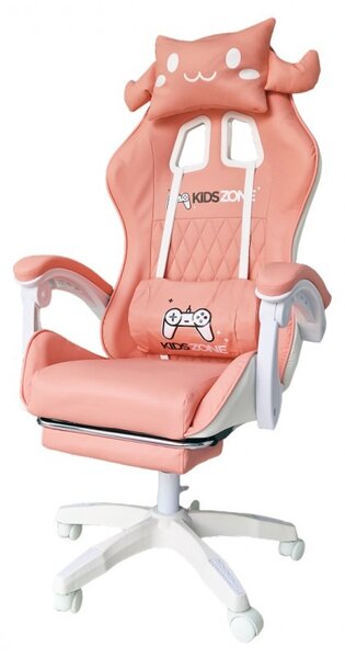 Scaun de gaming roz, pentru fetite, cu perna lombara si suport picioare, 64x116-123 cm, KIDS ZONE KO27R