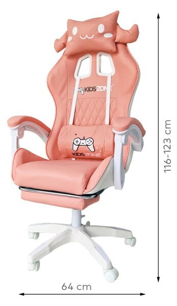 Scaun de gaming roz, pentru fetite, cu perna lombara si suport picioare, 64x116-123 cm, KIDS ZONE KO27R