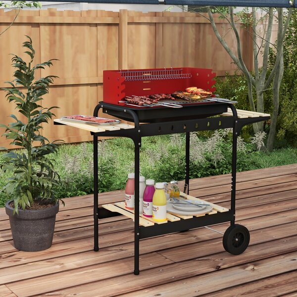 Outsunny Grătar cu Cărbuni, Roți si Grilaj cu Înălțime Reglabilă, 3 Rafturi și Tavă pentru Cenușă, 103x47x95 cm, Roșu | Aosom Romania