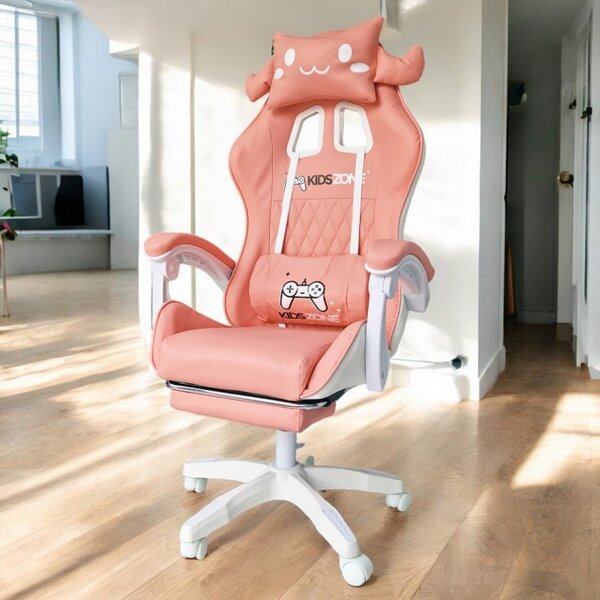Scaun de gaming roz, pentru fetite, cu perna lombara si suport picioare, 64x116-123 cm, KIDS ZONE KO27R