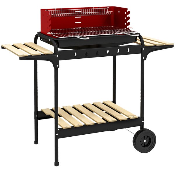 Outsunny Grătar cu Cărbuni, Roți si Grilaj cu Înălțime Reglabilă, 3 Rafturi și Tavă pentru Cenușă, 103x47x95 cm, Roșu | Aosom Romania