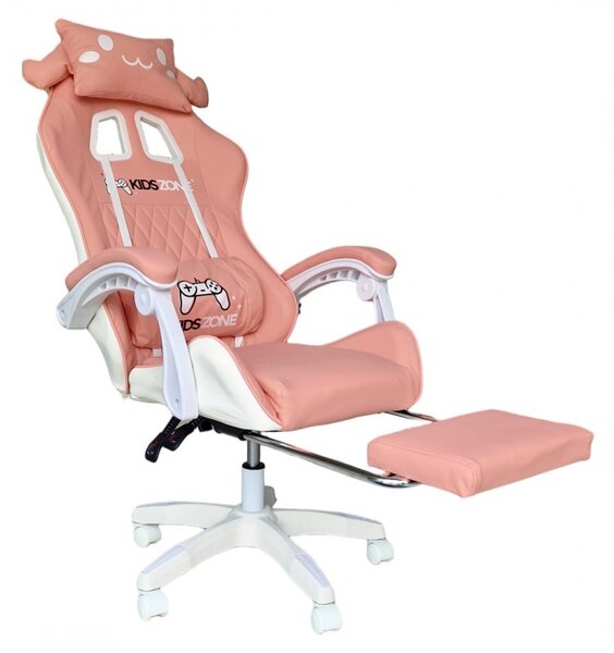 Scaun de gaming roz, pentru fetite, cu perna lombara si suport picioare, 64x116-123 cm, KIDS ZONE KO27R