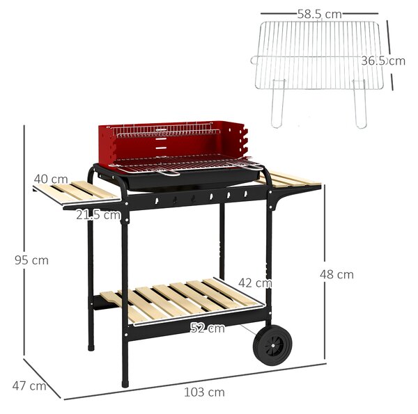 Outsunny Grătar cu Cărbuni, Roți si Grilaj cu Înălțime Reglabilă, 3 Rafturi și Tavă pentru Cenușă, 103x47x95 cm, Roșu | Aosom Romania