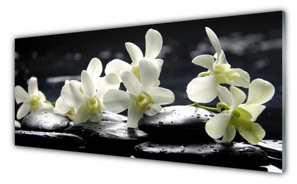 Panou sticla bucatarie Pietre florale flori alb negru