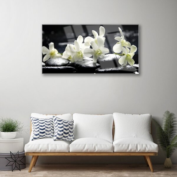 Tablou pe sticla Pietre florale flori alb negru