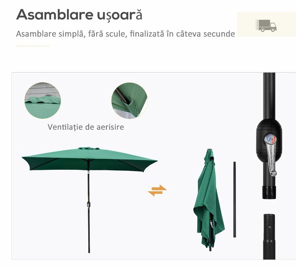 Outsunny Umbrelă de Grădină Înclinabilă cu Manivelă și 6 Spiţe, 2x3 m, Verde | Aosom Romania