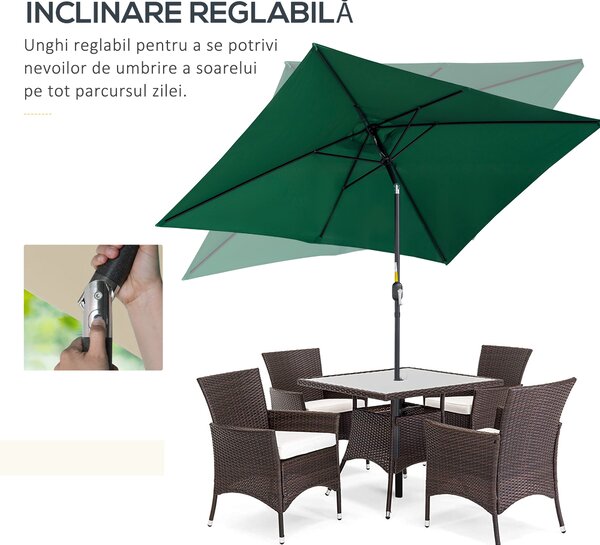 Outsunny Umbrelă de Grădină Înclinabilă cu Manivelă și 6 Spiţe, 2x3 m, Verde | Aosom Romania