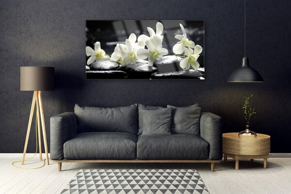 Tablou pe sticla Pietre florale flori alb negru