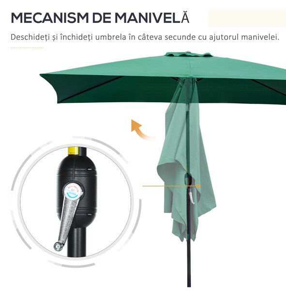 Outsunny Umbrelă de Grădină Înclinabilă cu Manivelă și 6 Spiţe, 2x3 m, Verde | Aosom Romania