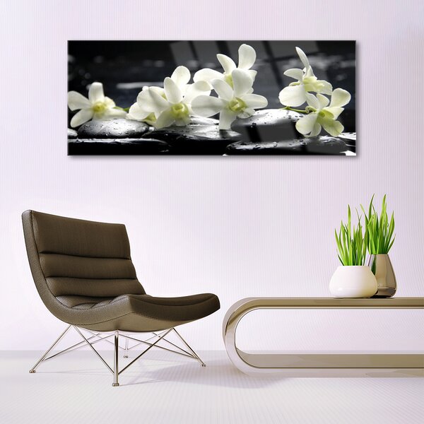 Tablou pe sticla Pietre florale flori alb negru