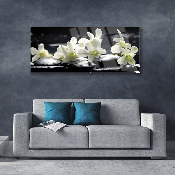 Tablou pe sticla Pietre florale flori alb negru